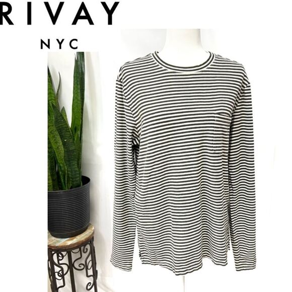 RIVAY NY Medium Stripes Ling sleeve stripes top sweatshirt dark gray and white - Picture 1 of 11